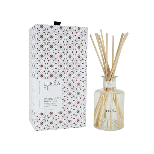 Lucia diffuser bottle with wooden sticks and patterned box on a white background