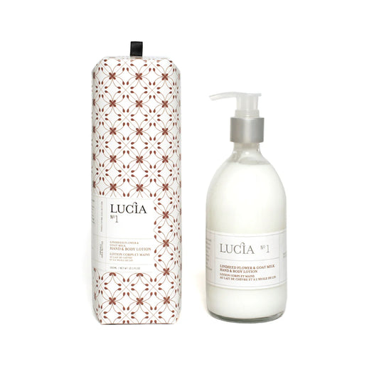 LUCÓIA body lotion with floral packaging on a white background