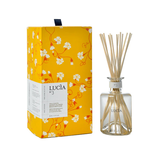 Lucçóa diffuser set with yellow floral packaging and clear bottle with sticks on a white background