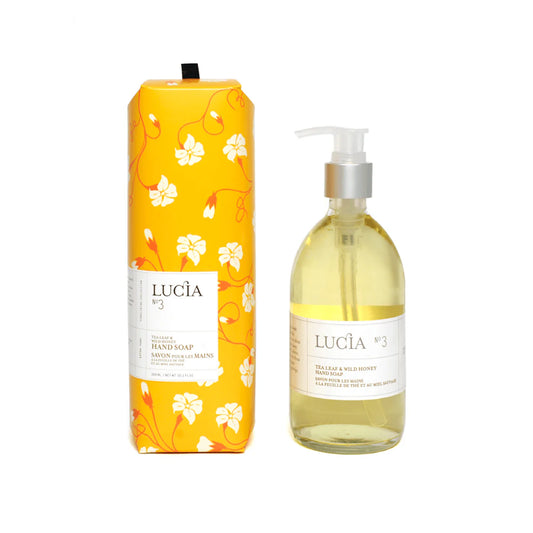 Lucçia hand soap bottle and packaging on a white background