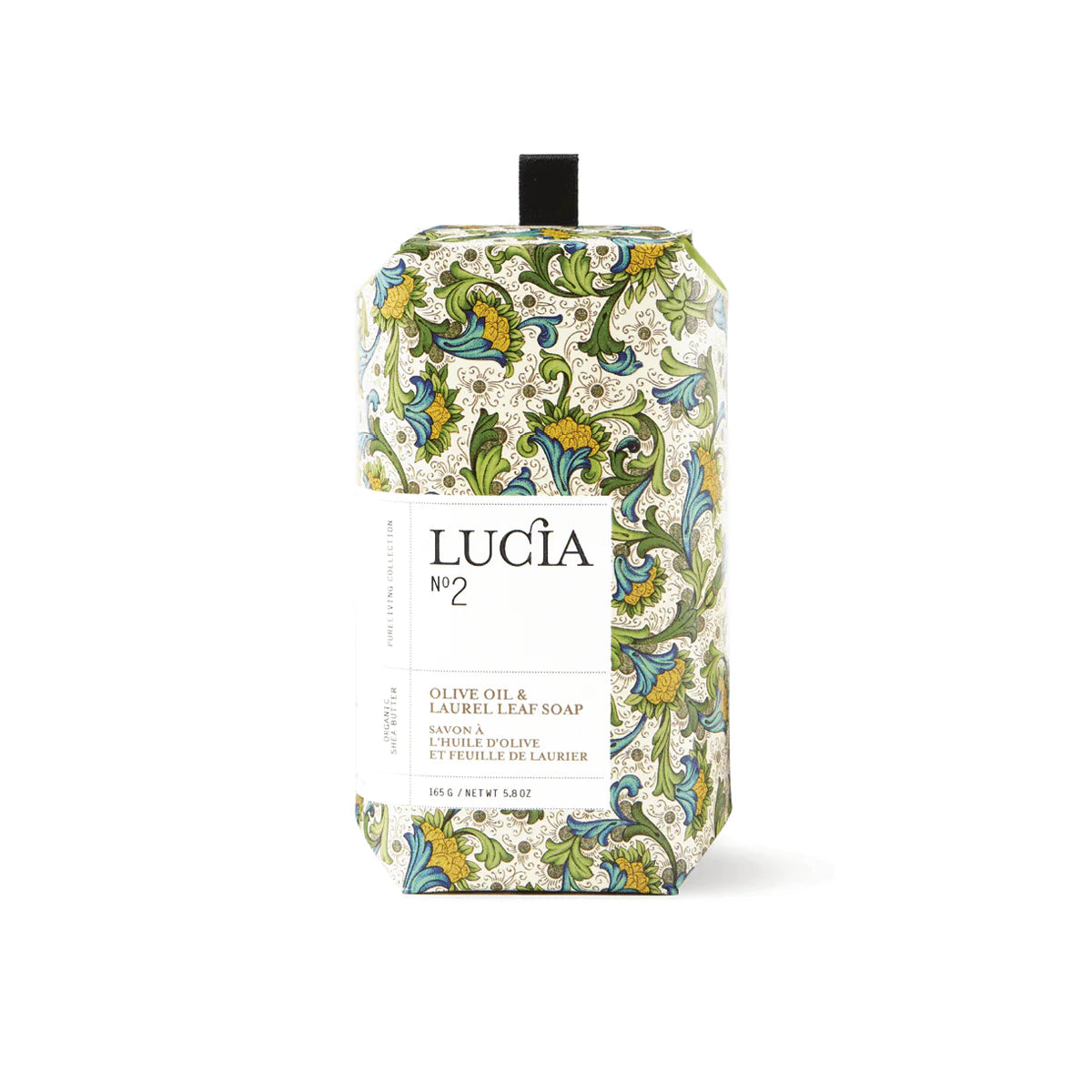 Decorative soap bar with floral pattern and 'Lucia' branding on a white background